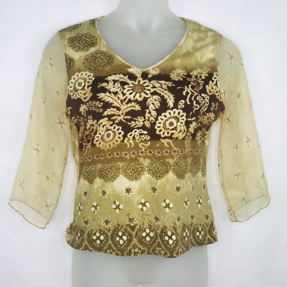 Caribbean Joe Multi Color Sheer V-Neck Knit Blouse
